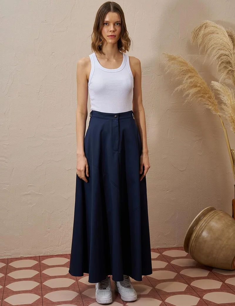 Kayra Stitched Detailed Bell Skirt Dark Navy