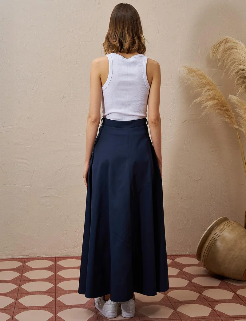 Kayra Stitched Detailed Bell Skirt Dark Navy