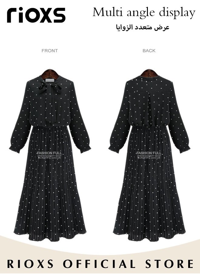 RIOXS - Women's Chiffon Polka Dot Dresses Long Sleeve Maxi Dress Elegant Loose Fitting Mid Length Pleated Dress Elastic High Waist Ruffle A-Line Long Dress With Bowknot - Image 1