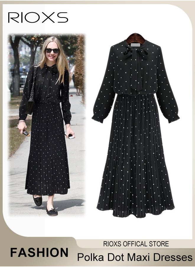 RIOXS - Women's Chiffon Polka Dot Dresses Long Sleeve Maxi Dress Elegant Loose Fitting Mid Length Pleated Dress Elastic High Waist Ruffle A-Line Long Dress With Bowknot - Image 1