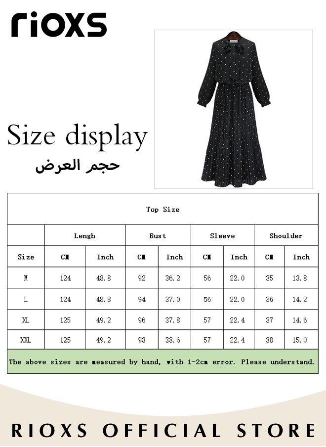 RIOXS - Women's Chiffon Polka Dot Dresses Long Sleeve Maxi Dress Elegant Loose Fitting Mid Length Pleated Dress Elastic High Waist Ruffle A-Line Long Dress With Bowknot - Image 1