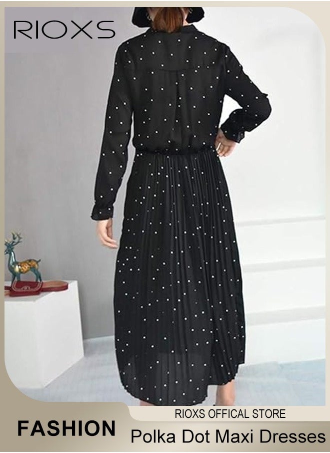 RIOXS - Women's Chiffon Polka Dot Dresses Long Sleeve Maxi Dress Elegant Loose Fitting Mid Length Pleated Dress Elastic High Waist Ruffle A-Line Long Dress With Bowknot - Image 1