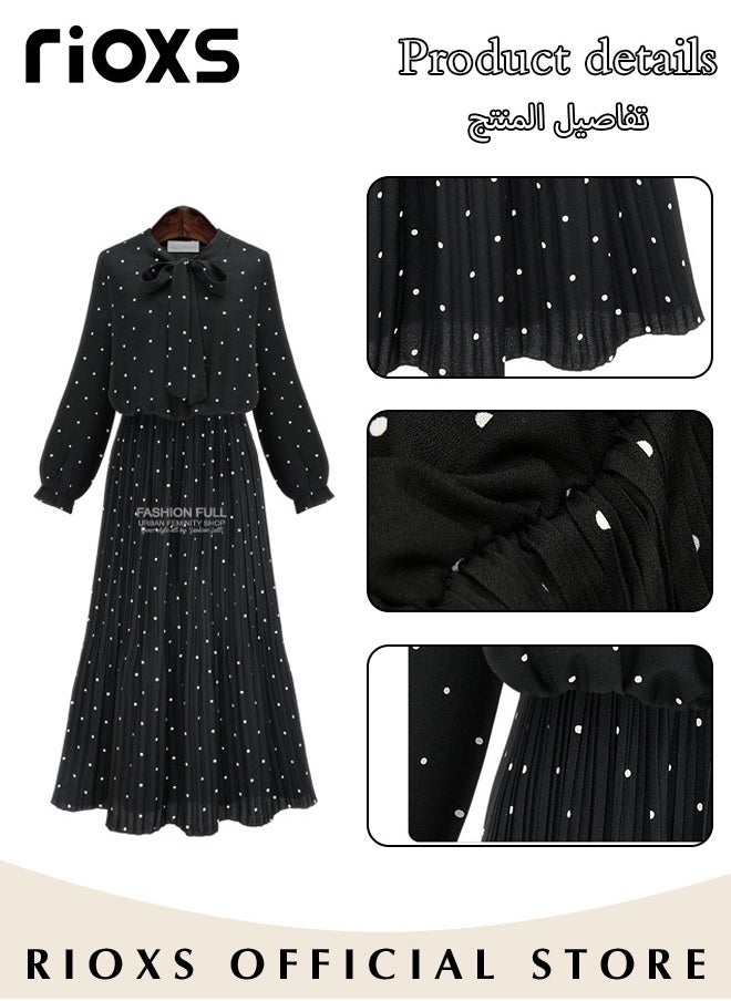 RIOXS - Women's Chiffon Polka Dot Dresses Long Sleeve Maxi Dress Elegant Loose Fitting Mid Length Pleated Dress Elastic High Waist Ruffle A-Line Long Dress With Bowknot - Image 1