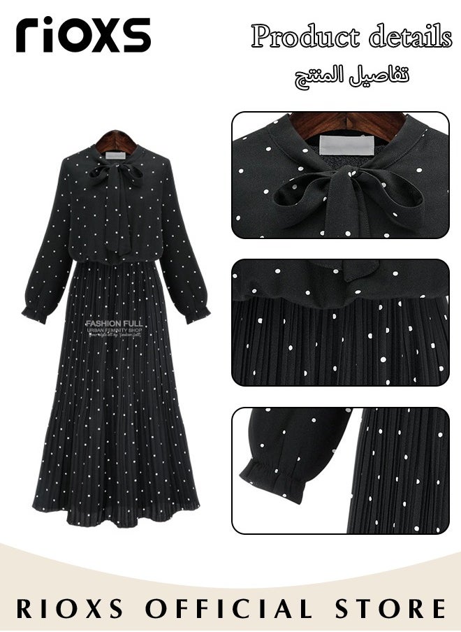 RIOXS - Women's Chiffon Polka Dot Dresses Long Sleeve Maxi Dress Elegant Loose Fitting Mid Length Pleated Dress Elastic High Waist Ruffle A-Line Long Dress With Bowknot - Image 1