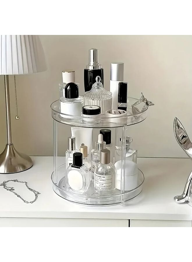 2 Layer Rotating Makeup Organizer Adjustable Cosmetic Carousel With Brush Holder Perfume Tray Large Capacity Clear Display Cabinet - Image 2
