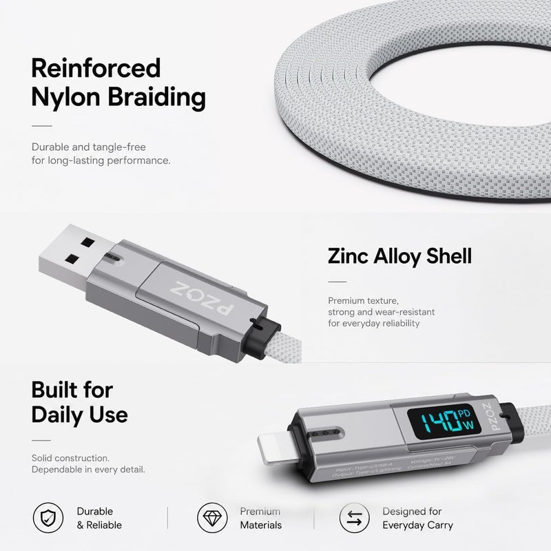 بزوز كابل شحن سلسلة مفاتيح 4 في 1 من ، شحن سريع 140 واط مع شاشة LED | كابل مضغوط بطول 0.18 متر مع موصلات USB-C وLightning، مصمم للسفر وبنوك الطاقة والاستخدام اليومي - Image 4