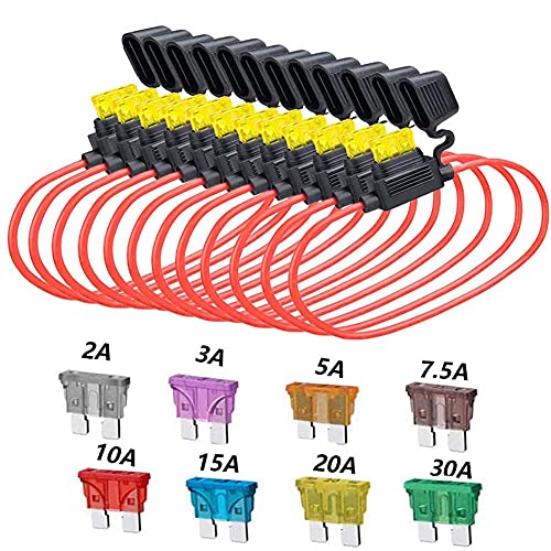 Elefama 14 Gauge Inline Fuse Holder 12V-DC ATC/ATO 12Pcs Blade Fuse Holders kit with 60 Pcs Standard Car Fuses 14 AWG Wiring Harness Waterproof Pigtail for Fuses 2A 3A 5A 7.5 A 10A 15A 20A 30A - Image 1