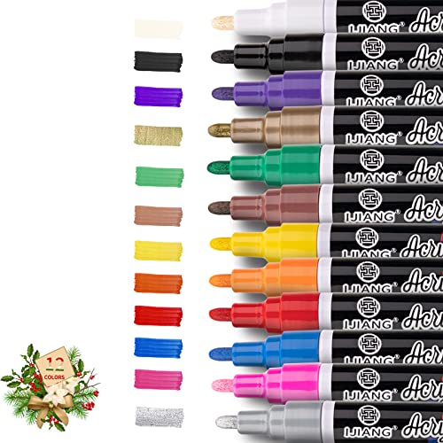IJIANG 12 Colors Acrylic Paint Markers Pens Waterproof NonToxic Acrylic Marker for MultiSurface Art on Glass Fabric Ceramic Rock Plastic Paint Pen Ideal for Artists Adults Students Craft Lovers - Image 1