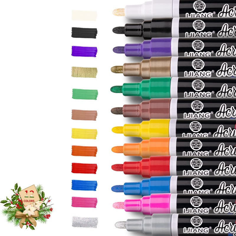 IJIANG 12 Colors Acrylic Paint Markers Pens Waterproof NonToxic Acrylic Marker for MultiSurface Art on Glass Fabric Ceramic Rock Plastic Paint Pen Ideal for Artists Adults Students Craft Lovers - Image 3
