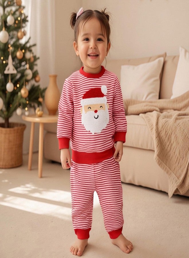 Karuedoo Toddler Baby Boy Girl Christmas Outfit Santa/Christmas Tree Embroidery Striped Waffle Knit Sweatshirt and Pants Set (Red Santa, 12-18 Months) - Image 3