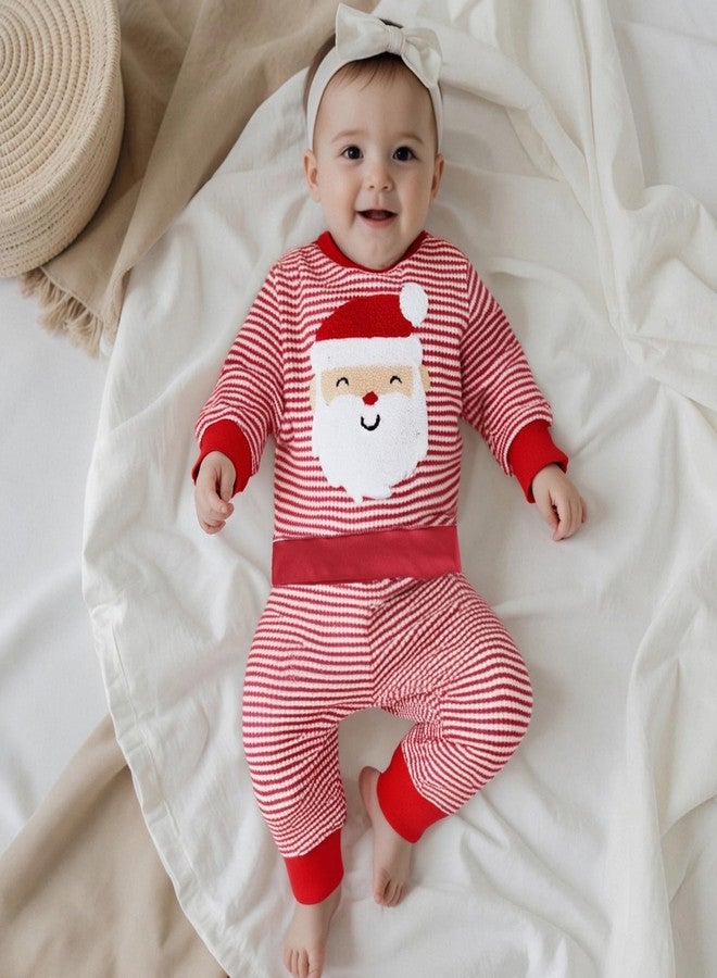 Karuedoo Toddler Baby Boy Girl Christmas Outfit Santa/Christmas Tree Embroidery Striped Waffle Knit Sweatshirt and Pants Set (Red Santa, 12-18 Months) - Image 2