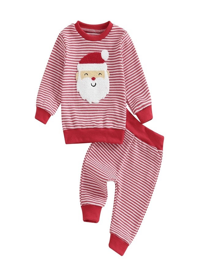 Karuedoo Toddler Baby Boy Girl Christmas Outfit Santa/Christmas Tree Embroidery Striped Waffle Knit Sweatshirt and Pants Set (Red Santa, 12-18 Months) - Image 1