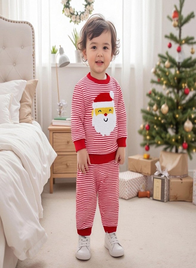 Karuedoo Toddler Baby Boy Girl Christmas Outfit Santa/Christmas Tree Embroidery Striped Waffle Knit Sweatshirt and Pants Set (Red Santa, 12-18 Months) - Image 4