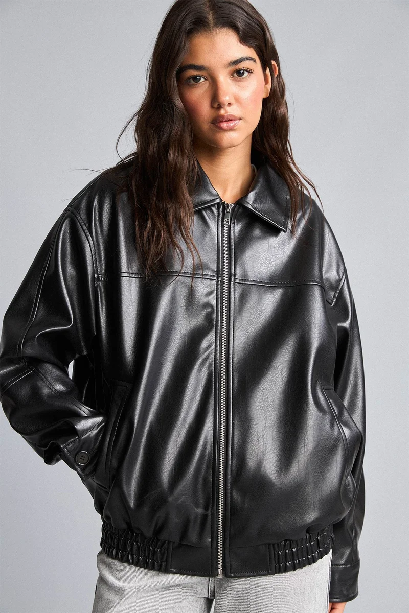 Defacto  Dad Fit Faux Leather Polo Collar Jacket for Women | Best Price UAE