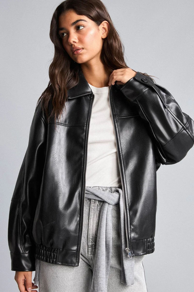 Dad Fit Faux Leather Polo Collar Jacket