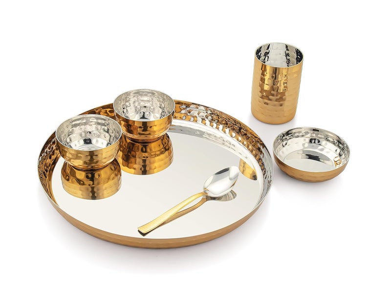 Silver Glow طقم عشاء من الفولاذ المقاوم للصدأ المصقول بالذهب 6 قطع بتصميم مطروق - Image 1