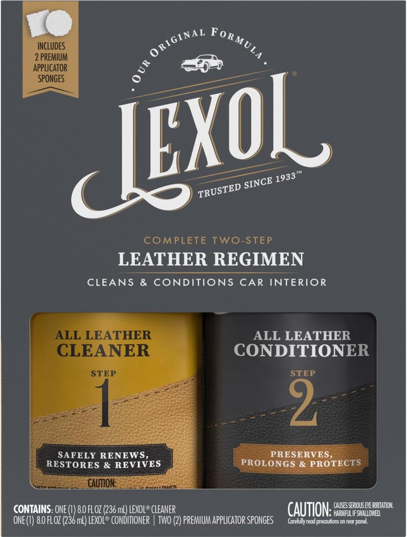 LEXOL طقم منظف ومكيف الجلد من ، للاستخدام على الأثاث، داخل السيارة، الأحذية، الحقائب، يتضمن 2 إسفنجة تطبيق، نظام من خطوتين، 8 أونصات لكل منهما - Image 1