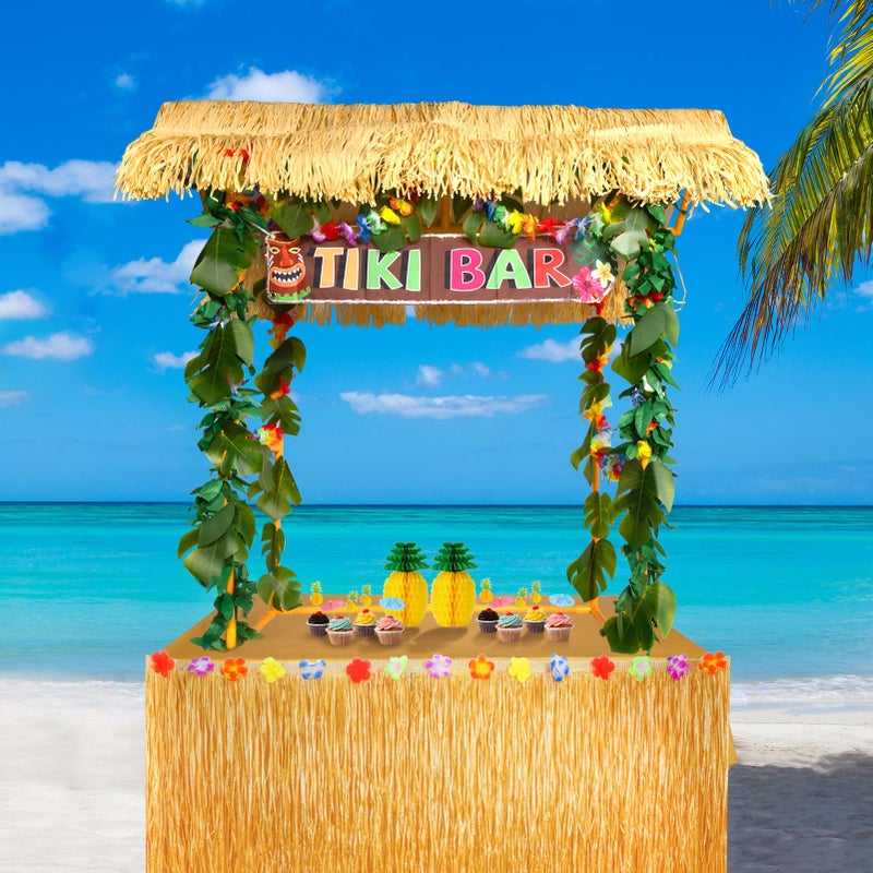 Auihiay Auihiay 50PCS Tiki Bar Hut Kit Tiki Hut Decoration Includes Tiki Bar Banner Roof Palm Leaves Flower Garland and Table Skirt Great Hawaiian Pool Beach Luau Party Decor Supplies