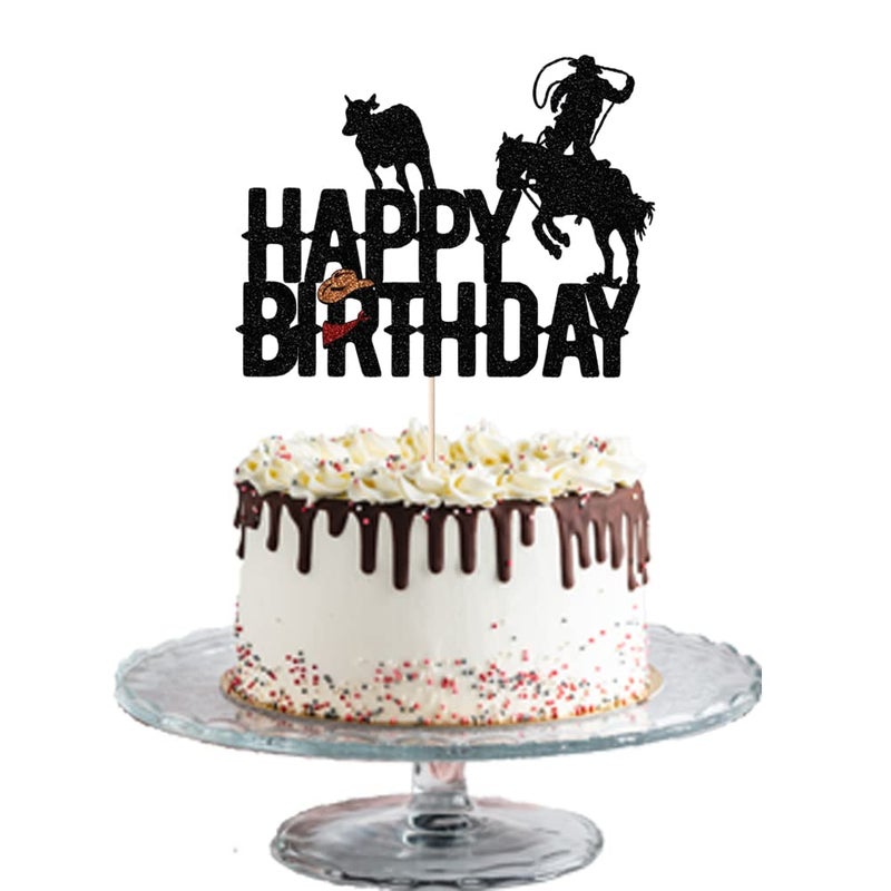 Yetxel Cowboy Happy Birthday Cake Topper shiny cowboy happy birthday cake topper for boys girls cowboy themed birthday decorations - Image 1