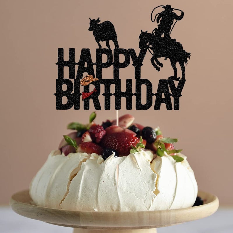Yetxel Cowboy Happy Birthday Cake Topper shiny cowboy happy birthday cake topper for boys girls cowboy themed birthday decorations - Image 3