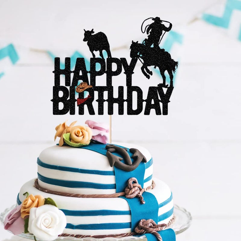 Yetxel Cowboy Happy Birthday Cake Topper shiny cowboy happy birthday cake topper for boys girls cowboy themed birthday decorations - Image 5