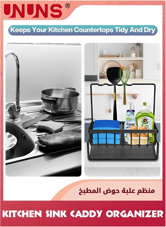 UNUNS Kitchen Sink Sponge Holder,Kitchen Caddy With Removable Slope Drip Tray And Towel Rack,Auto Drain Tray,Metal Rustproof Rack,Black - Image 5