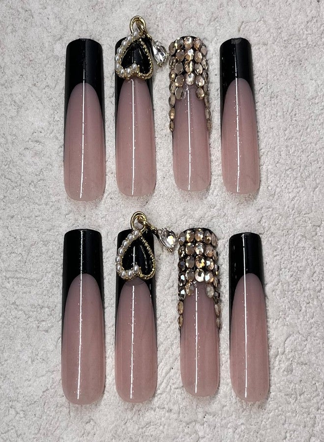 Jremg Black French Tip Press on Nails Long Square Fake Nails with Golden Rhinestones Designs Luxury Black Glue on Nails Reusable Luxury Heart Charms Acrylic False Nails for Women 24Pcs - Image 3