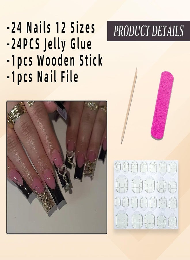 Jremg Black French Tip Press on Nails Long Square Fake Nails with Golden Rhinestones Designs Luxury Black Glue on Nails Reusable Luxury Heart Charms Acrylic False Nails for Women 24Pcs - Image 5