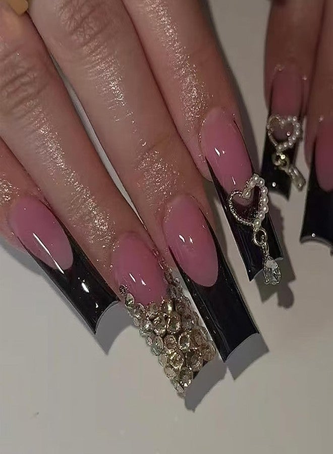 Jremg Black French Tip Press on Nails Long Square Fake Nails with Golden Rhinestones Designs Luxury Black Glue on Nails Reusable Luxury Heart Charms Acrylic False Nails for Women 24Pcs - Image 1