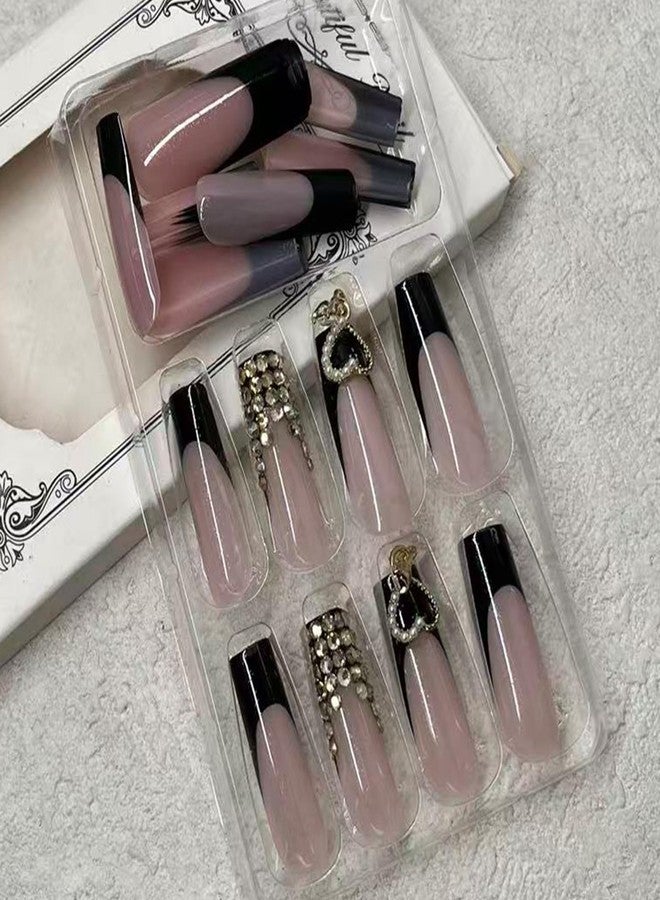 Jremg Black French Tip Press on Nails Long Square Fake Nails with Golden Rhinestones Designs Luxury Black Glue on Nails Reusable Luxury Heart Charms Acrylic False Nails for Women 24Pcs - Image 2