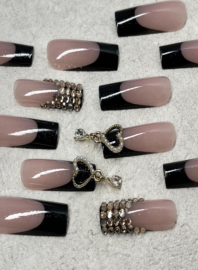 Jremg Black French Tip Press on Nails Long Square Fake Nails with Golden Rhinestones Designs Luxury Black Glue on Nails Reusable Luxury Heart Charms Acrylic False Nails for Women 24Pcs - Image 4