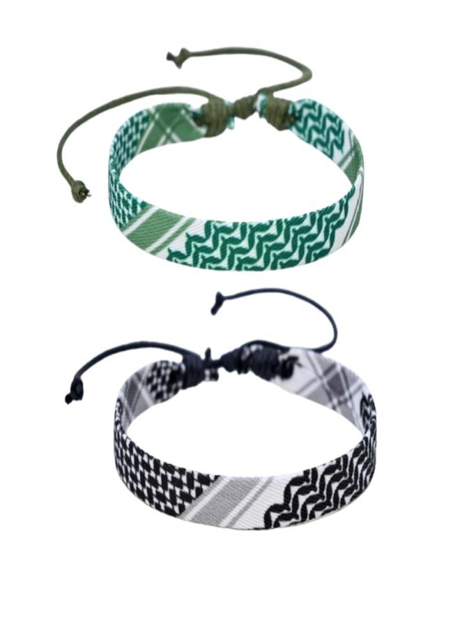 DATOA Keffiyeh Bracelet Handmade Adjustable Woven Fabric Bracelets Ethnic Style Wrist Wrap Bracelet Protection and Lucky String Bracelet-Grey&Green