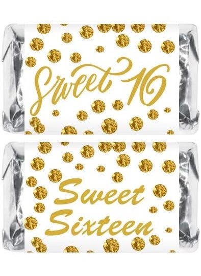 RokAPary Gold 16th Birthday Miniatures Candy Bar Wrapper Set of 60 Sweet 16 Mini Candy Bar Stickers Sweet Sixteen Party Favors Candy Not Included Made in USA  - Image 1