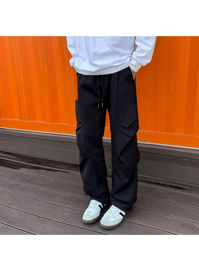 Swamp Area Wrinkle Umbrella Paratrooper Cargo Pants For Men, Spring And Autumn American Retro Casual Versatile Wide-leg Trousers Ks008 Black L - Image 3