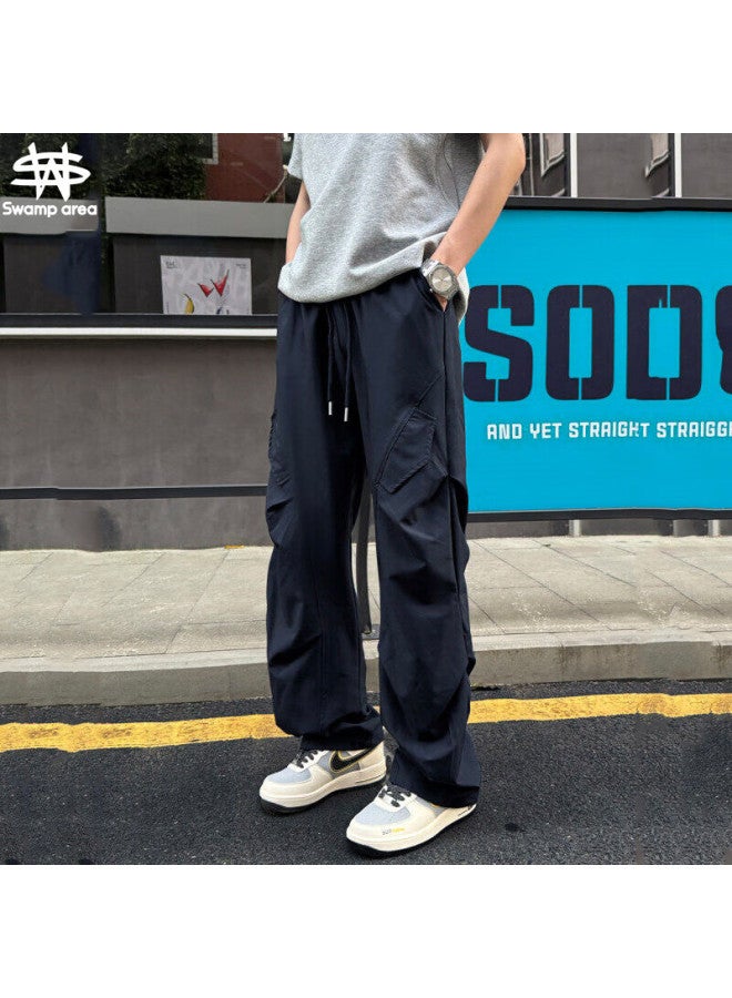 Swamp Area Wrinkle Umbrella Paratrooper Cargo Pants For Men, Spring And Autumn American Retro Casual Versatile Wide-leg Trousers Ks008 Black L - Image 1