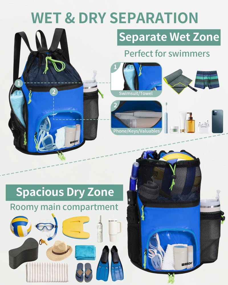 WANDF Swim Bag with Wet Pockets, Sandproof Beach Backpack with 40oz Tumbler Side Pockets, Mesh Drawstring Backpack Swim Bag for Swimming, Pool, Gym and Workout Gear (Blue) - Image 3