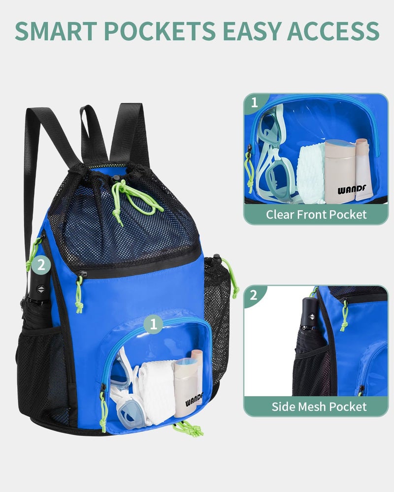 WANDF Swim Bag with Wet Pockets, Sandproof Beach Backpack with 40oz Tumbler Side Pockets, Mesh Drawstring Backpack Swim Bag for Swimming, Pool, Gym and Workout Gear (Blue) - Image 5