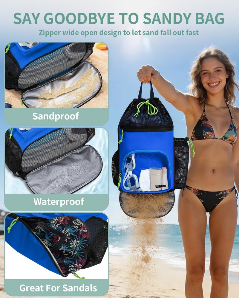 WANDF Swim Bag with Wet Pockets, Sandproof Beach Backpack with 40oz Tumbler Side Pockets, Mesh Drawstring Backpack Swim Bag for Swimming, Pool, Gym and Workout Gear (Blue) - Image 4