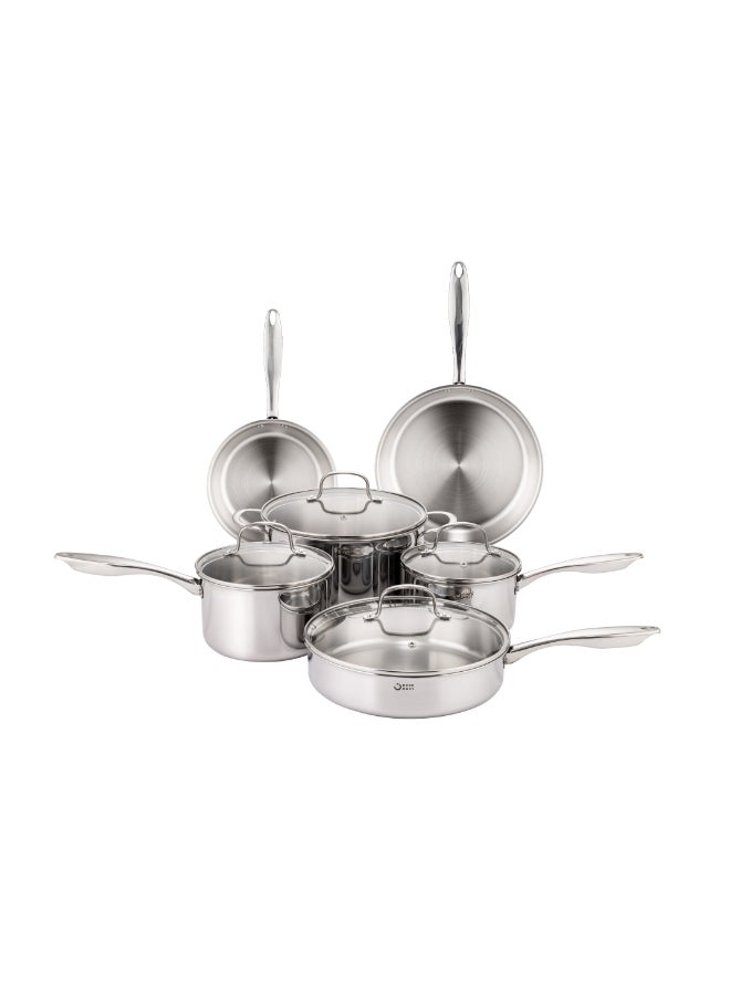 ايست من نون طقم قدور طهي من الستانلس ستيل ثلاثي الطبقات مكوّن من 10 قطع، قدر صلصة بغطاء مقاس 16 سم، قدر صلصة بغطاء مقاس 18 سم، قدر بغطاء مقاس 24 سم، مقلاة سوتيه بغطاء مقاس 26 سم، مقلاة مفتوحة مقاس 20 سم، مقلاة مفتوحة مقاس 26 سم، متوافق مع مواقد الحث الحراري، وآمن للاستخدام في غسالة الصحون - Image 1