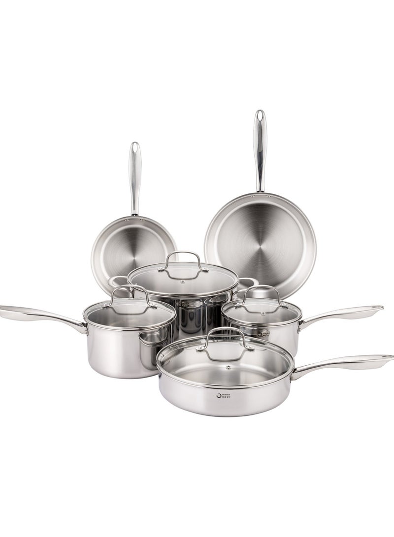 Noon East 10 Piece Triply Stainless Steel Cookware Set, set includes 1x16cm Saucepan with lid, 1x18cm Saucepan with lid, 1x24cm Casserole with lid, 1x26cm Sautee P an with lid, 1x20cm open Frypan, 1x26cm open Frypan, Induction Compatible, Dishwasher Safe - Image 1