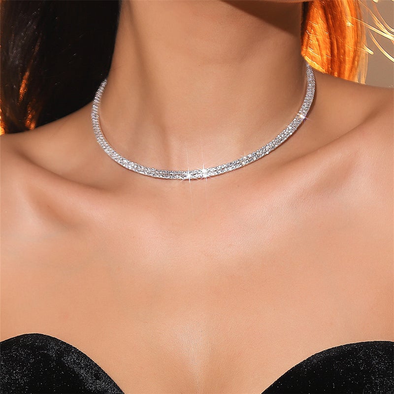 Machika High-grade Super Flash Diamond Necklace Collar Female Niche Design Fashion Luxury Collar Chain Necklace Jewelry Two rows of DTN06S02 silver