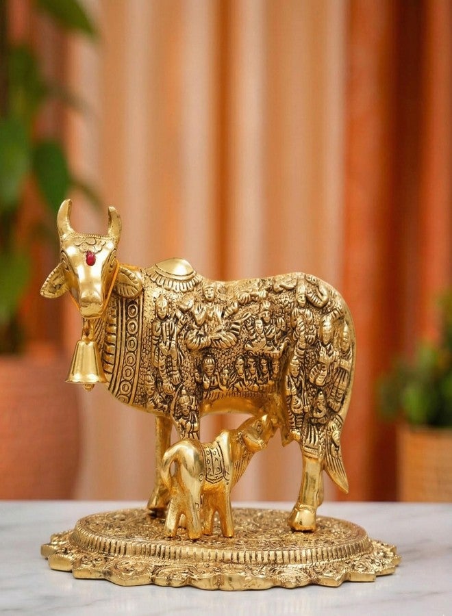 KridayKraft Gold Plated Kamdhenu Cow with Calf Metal Statue for Good Luck Feng Shui & Vastu Showpiece As Table Top Religious Idol Gau MATA for Home Office Decorative,Animal Showpiece - Image 1