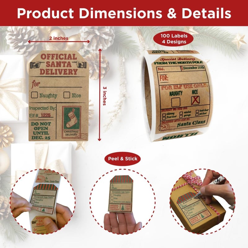 InStockLabels.com Natural Kraft from Santa Claus Gift Tag Stickers – 2 x 3 Inch Holiday Labels, Roll of 100 – Rustic Christmas Tags for Wrapping Presents, Made in The USA - Image 5