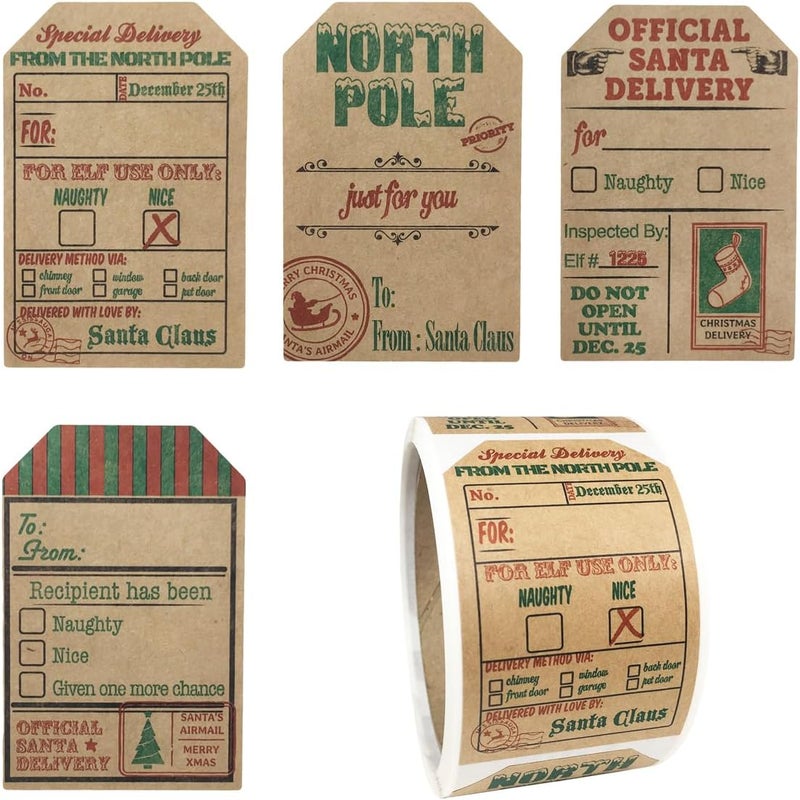InStockLabels.com Natural Kraft from Santa Claus Gift Tag Stickers – 2 x 3 Inch Holiday Labels, Roll of 100 – Rustic Christmas Tags for Wrapping Presents, Made in The USA - Image 1