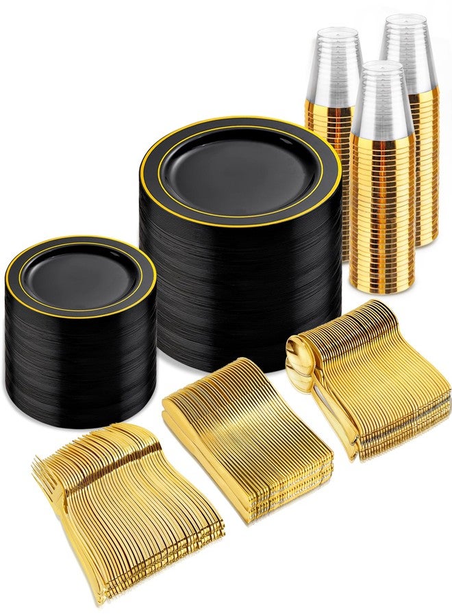 bUCLA 300PCS Black and Gold Disposable Dinnerware Set - 50 Guests Black Plastic Plates with Gold Rim Include 50 Dinner Plates,50 Dessert Plates, 50 Forks,50 Knives,50 Spoons&50 Cups for Party&Wedding - Image 1