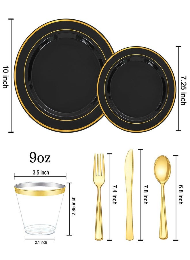 bUCLA 300PCS Black and Gold Disposable Dinnerware Set - 50 Guests Black Plastic Plates with Gold Rim Include 50 Dinner Plates,50 Dessert Plates, 50 Forks,50 Knives,50 Spoons&50 Cups for Party&Wedding - Image 2