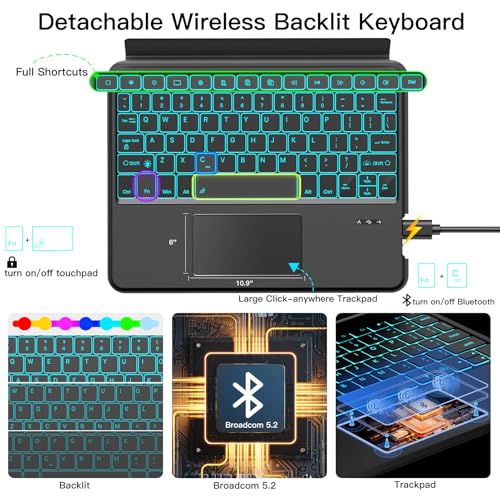 JUQITECH Trackpad Keyboard Case for Samsung Galaxy Tab S10+ 12.4 2024 S9 FE+ S9+ 12.4 Inch 2023, Tablet Protector Case Kickstand Magnetic Detachable Wireless Touchpad 7 Colors Backlit Keyboard - Image 4