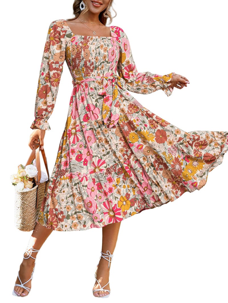 Simplee Apparel Simplee Womens Long Sleeve Maxi Dress Casual Square Neck Long Flowy Boho Dresses Summer Outfits Pink Floral L - Image 1