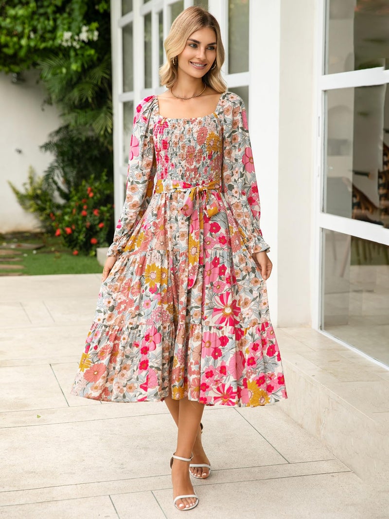 Simplee Apparel Simplee Womens Long Sleeve Maxi Dress Casual Square Neck Long Flowy Boho Dresses Summer Outfits Pink Floral L - Image 2