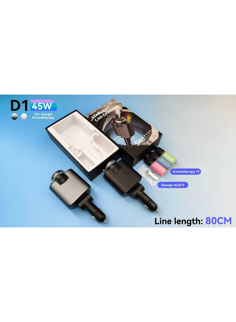 D1 Car Charger 5-in-1 with Retractable Type-C & iPhone Cables + Starry Light & Aromatherapy Feature - Image 4